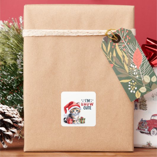 Sticker Carré Tabby Kitten À Santa Hat Joyeux Noël (vacances)