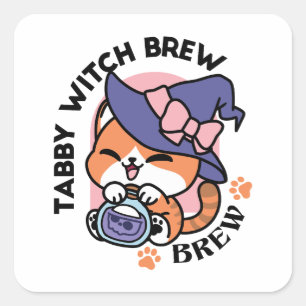Sticker Carré Tabby Witch Brew – Joli design de chat Halloween