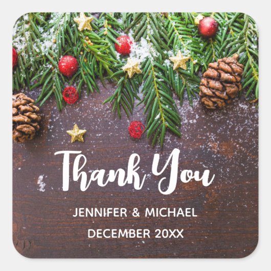 Sticker Carré Table de Noël rustique avec pin et neige (Devant)