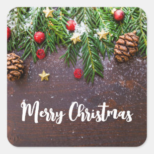 Sticker Carré Table de Noël rustique avec pin et neige