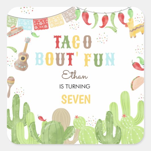 Sticker Carré Taco bout' fun fiesta mexicaine anniversaire (Devant)