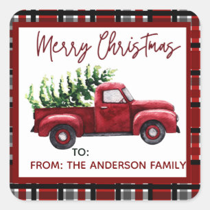 Sticker Carré Tags cadeaux Vintage Christmas Red Truck