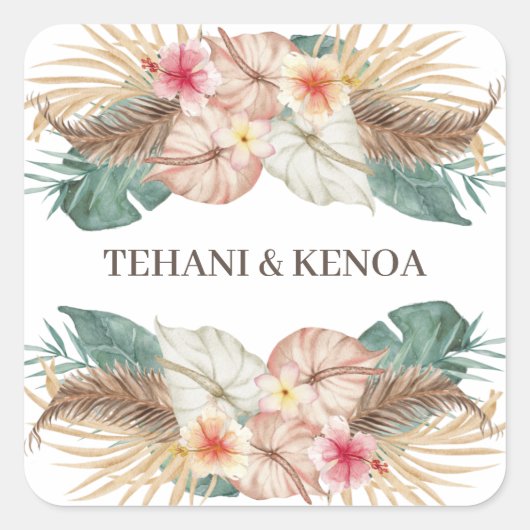 Sticker Carré Tahiti | Tropical Beach Hibiscus Palms Mariage (Devant)