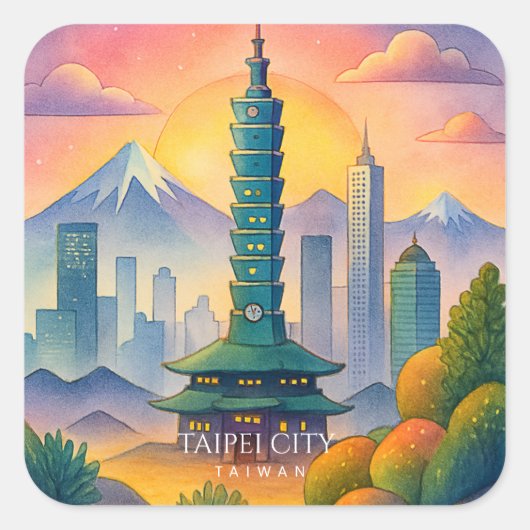 Sticker Carré Taipei City Taiwan Skyline Watercolor (Devant)