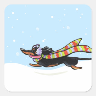 Sticker Carré Tan noir Dachshund hiver de course froide