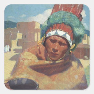 Sticker Carré Taos Indien tenant une cruche d'eau par Blumensche