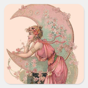 STICKER CARRÉ TAROTS/ LADY DE LA LUNE AVEC FLEURS EN ROSE