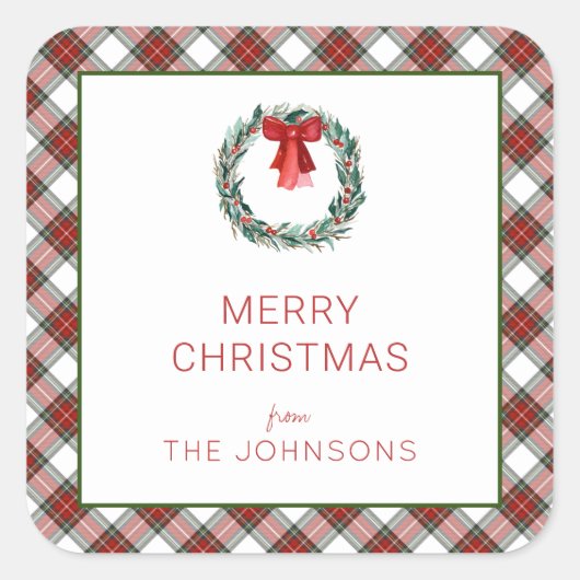 Sticker Carré Tartan de Noël Plaid Wreath Bow (Devant)