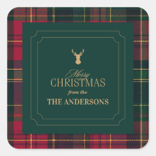 Sticker Carré Tartan Élégant Joyeux Noël Nom de Famille
