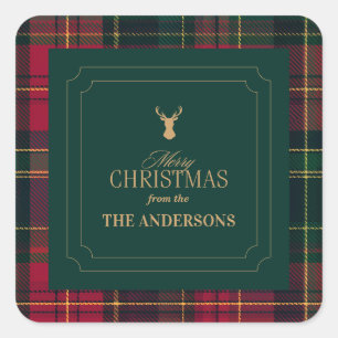 Sticker Carré Tartan Élégant Joyeux Noël Nom de Famille