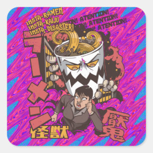 Sticker Carré Tasse de monstre de nouilles Ramen attrapant une f