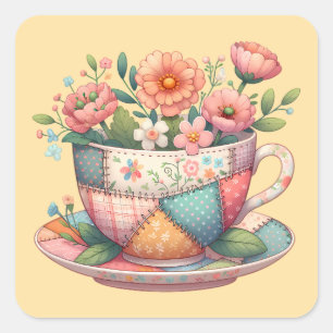 Sticker Carré Tasse en patchwork avec des fleurs fantaisistes