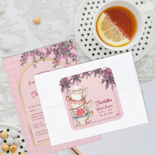Sticker Carré Tasses à thé vintage empilées Fleurs roses Baby Sh
