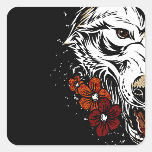 Sticker Carré Tatoo Fleur Loup Vintage