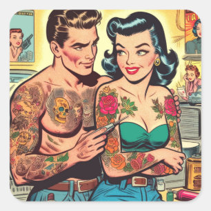 Sticker Carré Tatouage Couple Comics Vintages