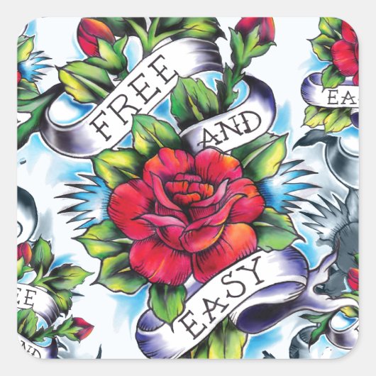 Sticker Carré tatouage rose d'aquarelle libre et facile. (Devant)