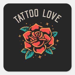 Sticker Carré Tattoo Love Rose Tatoo Style Illustration