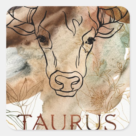 Sticker Carré Taurus bull brown gold flowers planets astrology  (Devant)