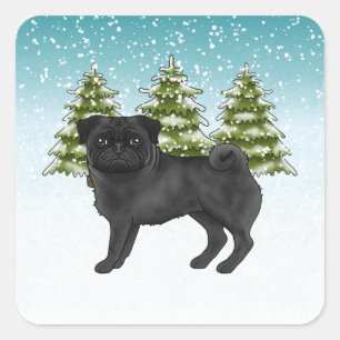 Sticker Carré Tchiot Carlin Mignon Chien de Dessin Animé Forêt H