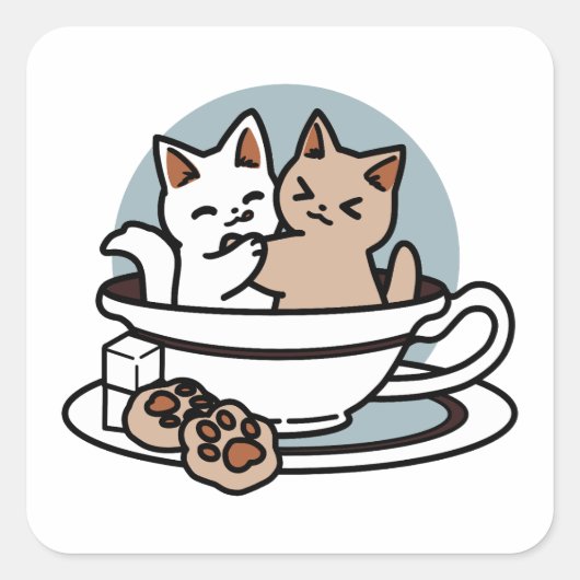 Sticker Carré Tea Time Meow Time - Cute Cat and Tea Design (Devant)