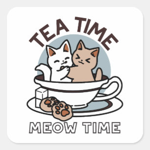 Sticker Carré Tea Time Meow Time - Cute Cat and Tea Design