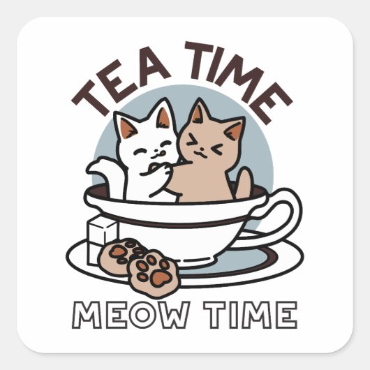 Sticker Carré Tea Time Meow Time - Cute Cat and Tea Design (Devant)