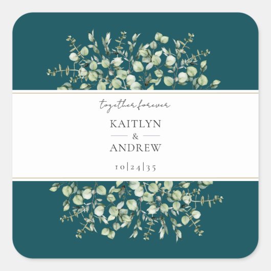 Sticker Carré Teal Eucalyptus Together Forever Wedding  (Devant)