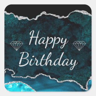 Sticker Carré Teal & Paillettes d'Argent Agate Joyeux Anniversai