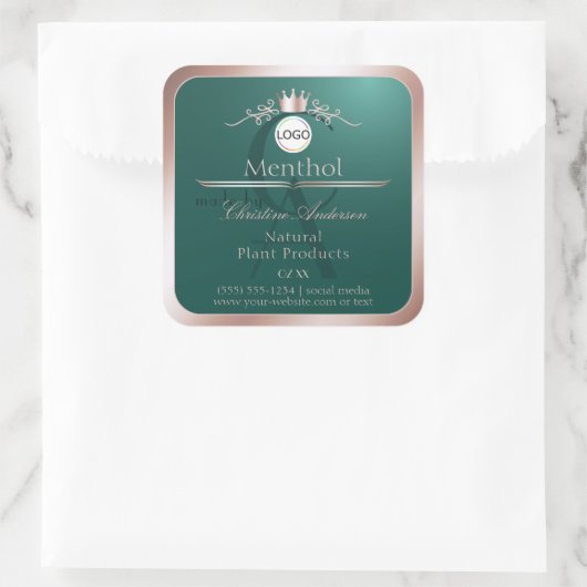 Sticker Carré Teal Product Label Rose Gold Frame Logo Monogram (Sac)