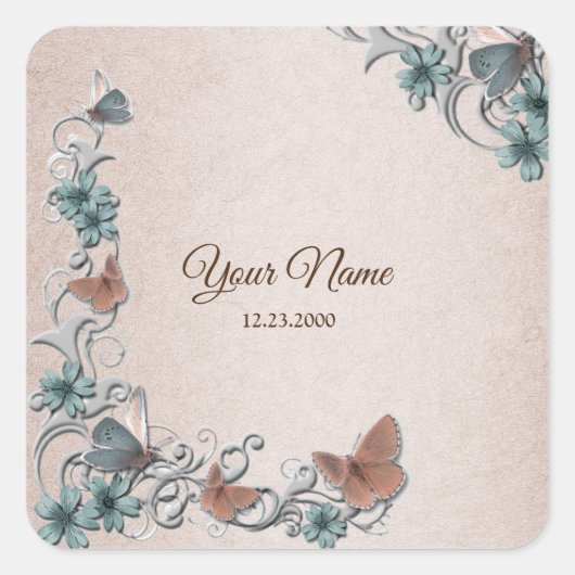 Sticker Carré Teal Silver Floral Copper Butterfly Tan Wedding (Devant)