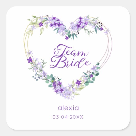 Sticker Carré Team Bride Quote & Floral Purple Heart for Wedding (Devant)
