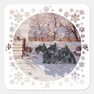 Sticker Carré Teckels Écossais Magpie d'Hiver