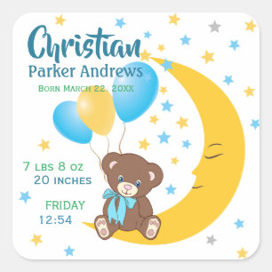 Sticker Carré Teddy Bear assis sur la Lune Baby Birth Statistiqu