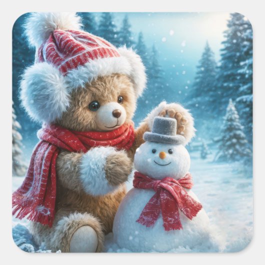 Sticker Carré Teddy Bear Construire un Snowman (Devant)