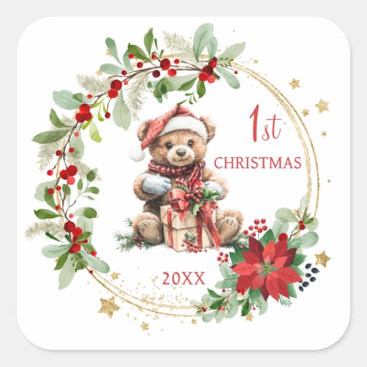 Sticker Carré Teddy Bear Foliage Poinsettia Bébé 1er Noël (Devant)