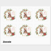 Sticker Carré Teddy Bear Foliage Poinsettia Bébé 1er Noël (Feuille)