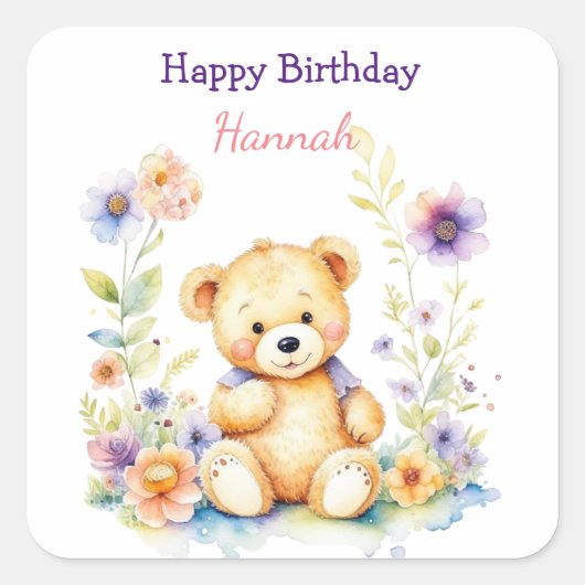 Sticker Carré Teddy Bear in Flowers Fête d'anniversaire de fille (Devant)