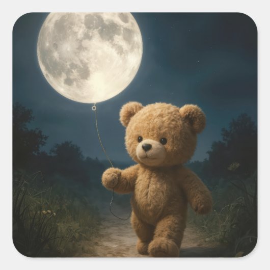 Sticker Carré Teddy Bear Walking With a Moon Balloon (Devant)