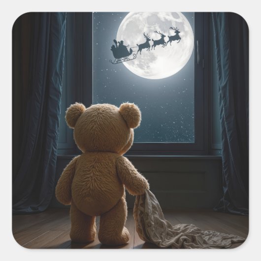 Sticker Carré Teddy Bear Watching Santa Claus and Reindeer (Devant)