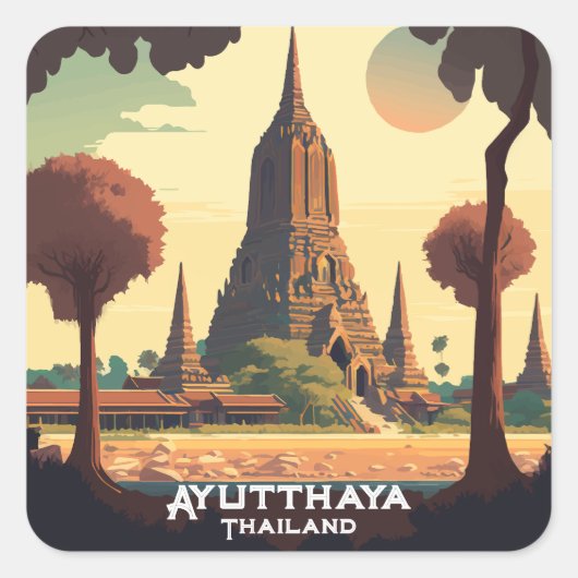 Sticker Carré Temple Ayutthaya Thaïlande coucher de soleil (Devant)