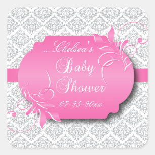 Sticker Carré Tendance gris damassé et rose pour un Baby shower