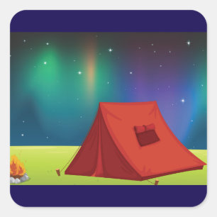Sticker Carré Tente de camping sous les aurores boréales vibrant