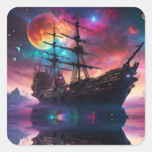 Sticker Carré Terre de vaisseau spatial pirate sur une autre pla