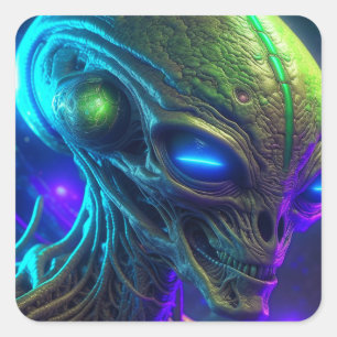 Sticker Carré Tête Alien déplaisante aux yeux bleus brillants