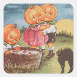 Sticker Carré Tête de citrouille Chat noir qui pêche des pommes