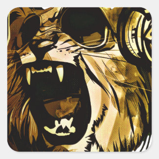Sticker Carré Tête de lion cool avec lunettes et écouteurs