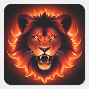 Sticker Carré Tête de Lion Fougueux avec Crinière Lumineuse