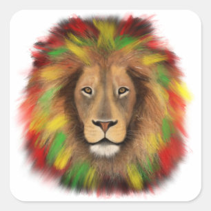 Sticker Carré Tête de lion rasta rouge jaune vert dessin Jamaïqu