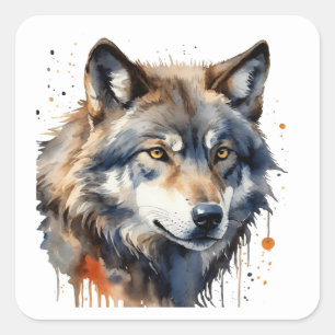 Sticker Carré Tête de loup à l'aquarelle Faune Animal Nature Art