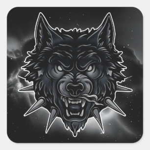 Sticker Carré 🐺 Tête de Loup Féroce Collier à Pointes Art Anima